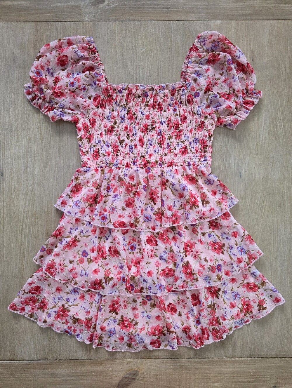 THIRTY THIRTY Pink Floral Smocked Puff Sleeve Tiered Mini Dress Size Medium